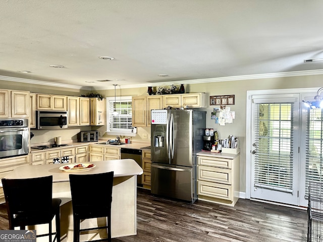 kitchen featuring appliances with stainless steel finishes, dark hardwood / wood-style floors, pendant lighting, and ornamental molding