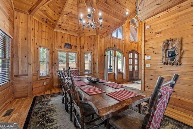 dining space with wooden ceiling, high vaulted ceiling, wood-type flooring, and wooden walls