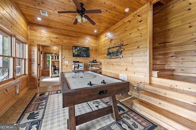 playroom with wooden walls, ceiling fan, and wooden ceiling