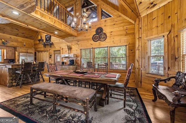 dining space featuring light hardwood / wood-style floors, high vaulted ceiling, wood ceiling, and wooden walls