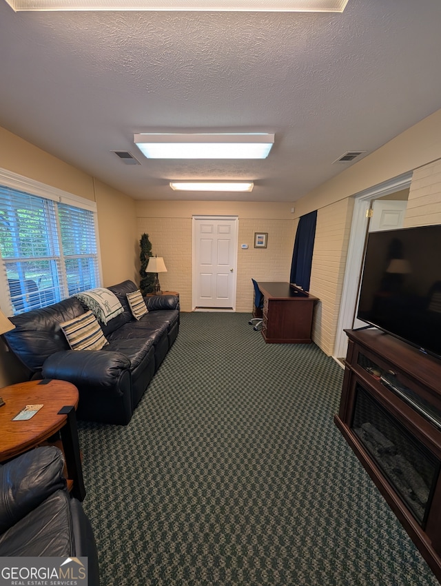 carpeted living room featuring a textured ceiling