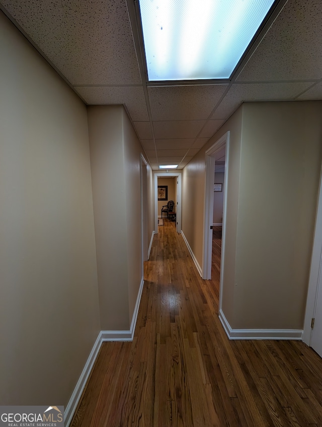 hall featuring dark hardwood / wood-style flooring and a drop ceiling