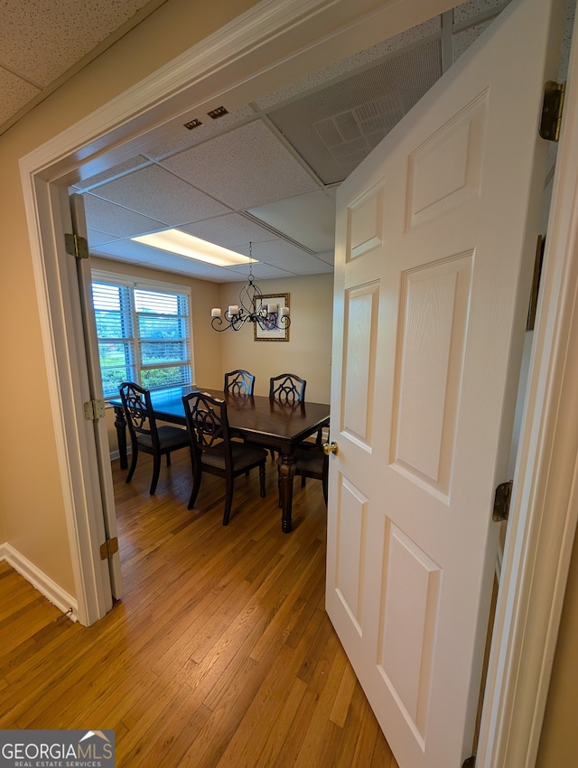 hall with a drop ceiling and light hardwood / wood-style flooring