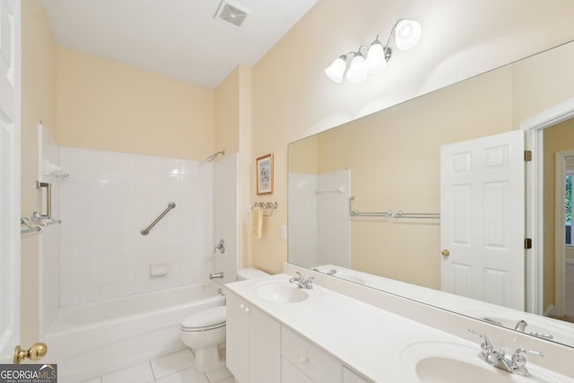 full bathroom with vanity, toilet, tile patterned floors, and tiled shower / bath