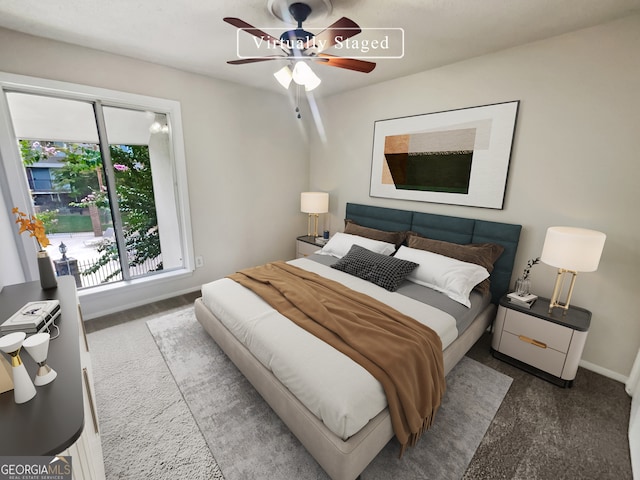 carpeted bedroom with ceiling fan