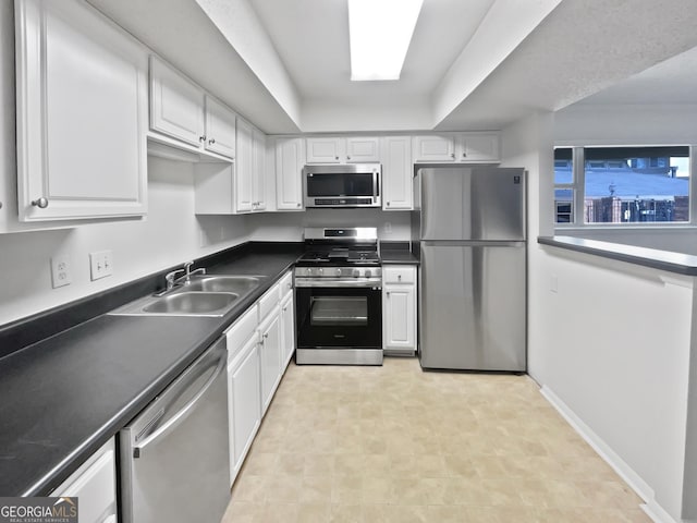 kitchen featuring white cabinets, a sink, dark countertops, baseboards, and appliances with stainless steel finishes