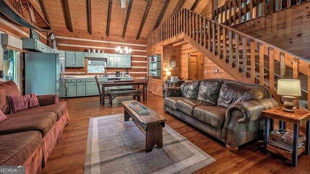 living room featuring wooden walls, lofted ceiling with beams, wooden ceiling, a chandelier, and dark hardwood / wood-style floors