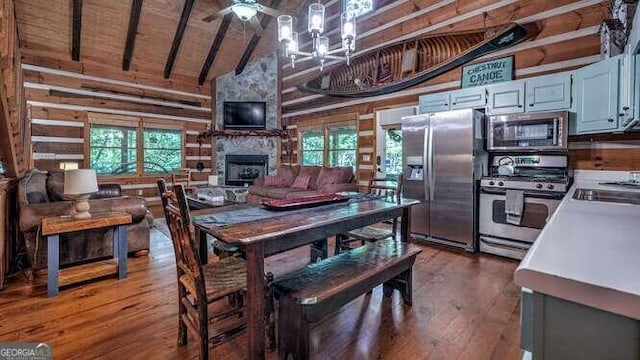 kitchen with plenty of natural light, a fireplace, stainless steel appliances, and ceiling fan