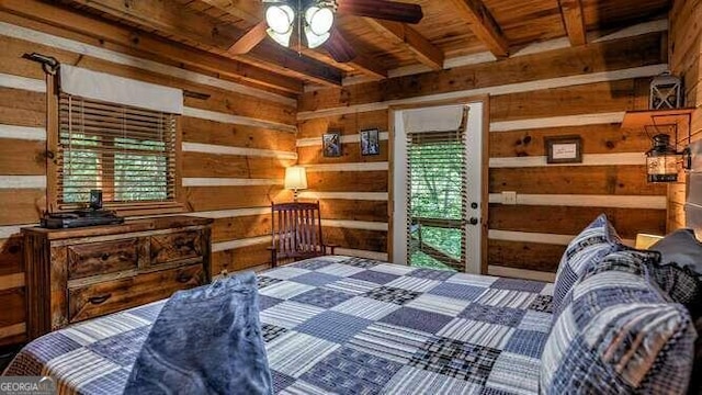 bedroom with beamed ceiling, wooden walls, and wooden ceiling