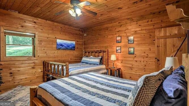 bedroom with wood walls, ceiling fan, and wooden ceiling