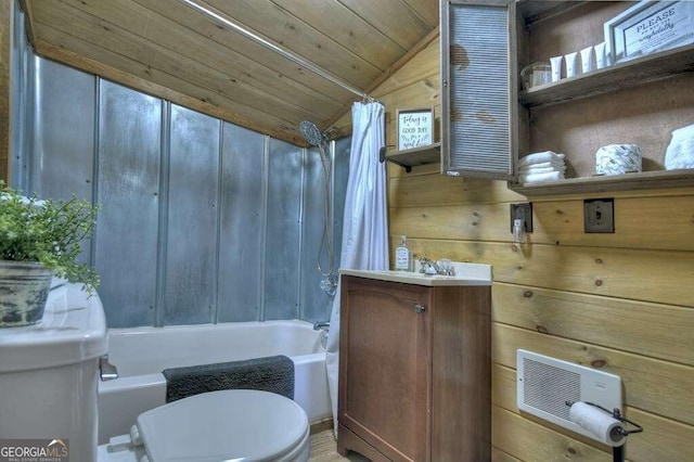 full bathroom with toilet, wood walls, wooden ceiling, vaulted ceiling, and shower / bath combination with curtain