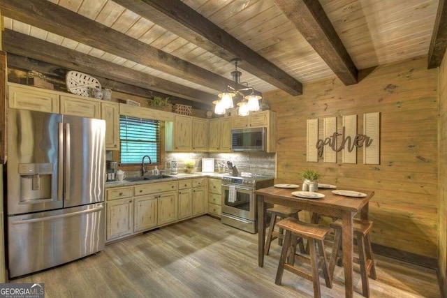 kitchen featuring light wood-type flooring, an inviting chandelier, sink, appliances with stainless steel finishes, and beam ceiling