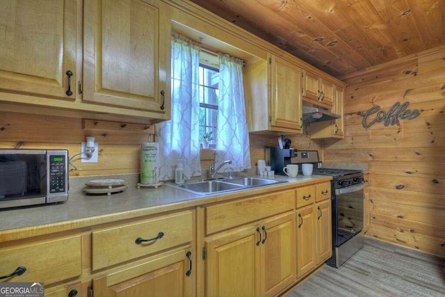 kitchen with light hardwood / wood-style flooring, wooden ceiling, sink, electric range oven, and wood walls