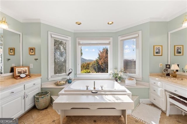 full bathroom featuring vanity, a garden tub, tile patterned flooring, and ornamental molding