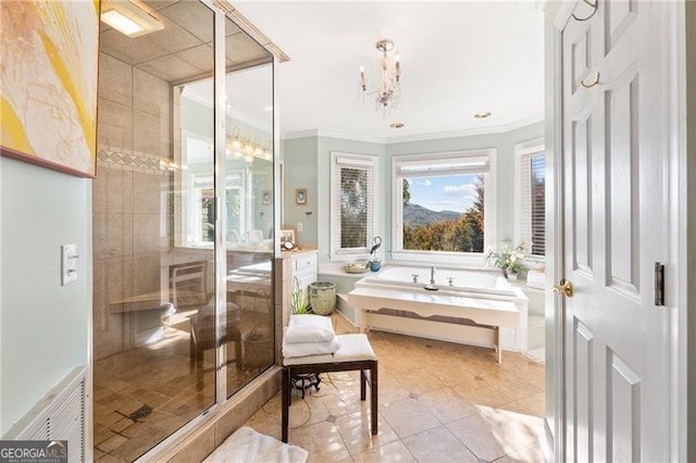 bathroom featuring tile patterned flooring, separate shower and tub, vanity, and ornamental molding