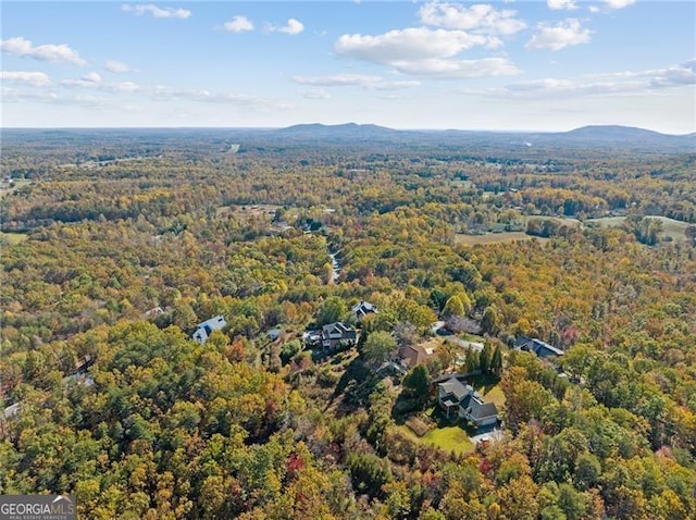 birds eye view of property featuring a mountain view and a wooded view