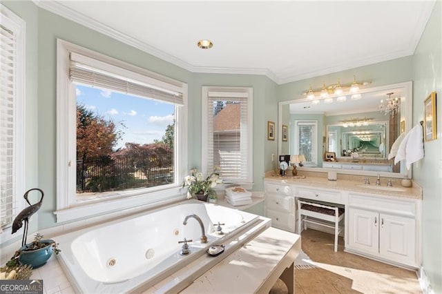 bathroom featuring tiled tub, ornamental molding, and vanity