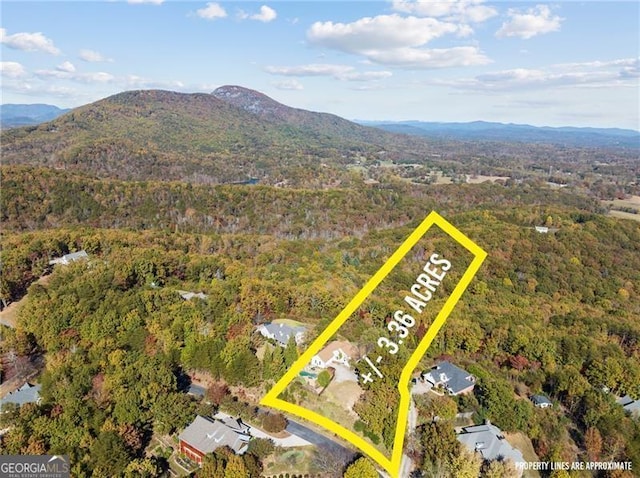 drone / aerial view with a mountain view and a wooded view