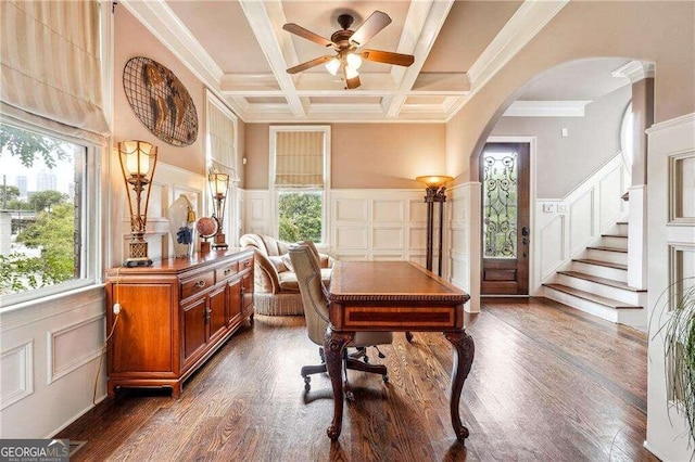 dining area with coffered ceiling, dark hardwood / wood-style floors, beam ceiling, ornamental molding, and ceiling fan