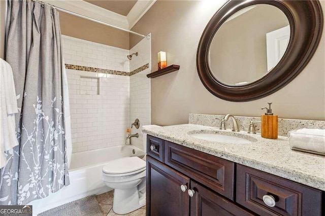 full bathroom featuring vanity, toilet, tile patterned flooring, and shower / bathtub combination with curtain