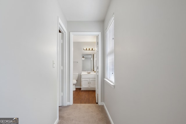 hallway with carpet and sink