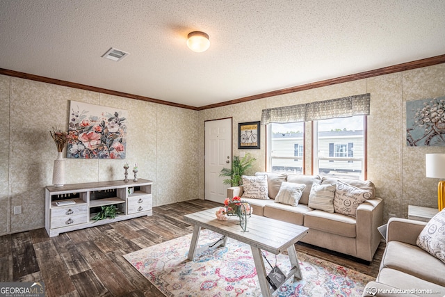 living room with crown molding, dark wood-type flooring, and a textured ceiling