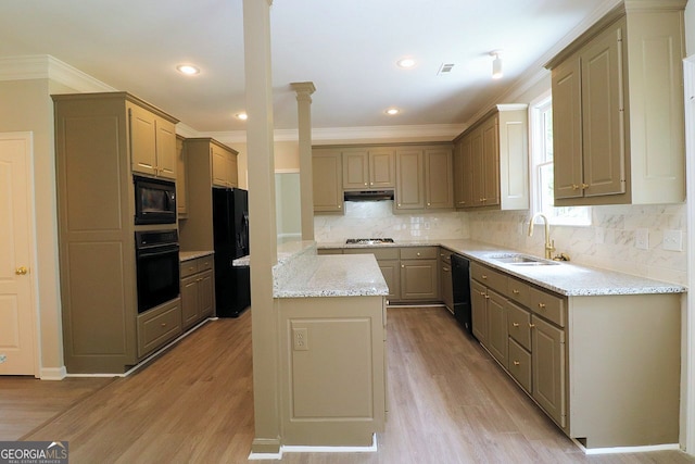 kitchen featuring light wood-type flooring, black appliances, crown molding, and sink