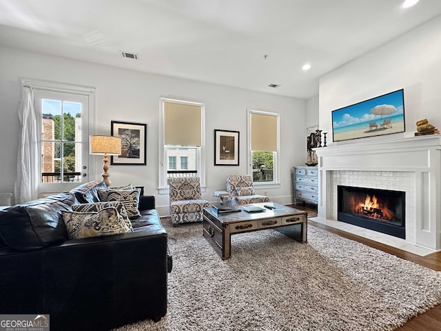 living room featuring a fireplace and light hardwood / wood-style flooring