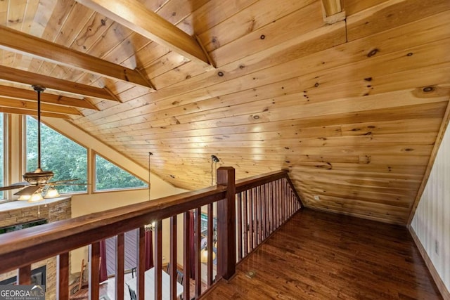 hall featuring hardwood / wood-style floors, vaulted ceiling with beams, wood ceiling, and wood walls