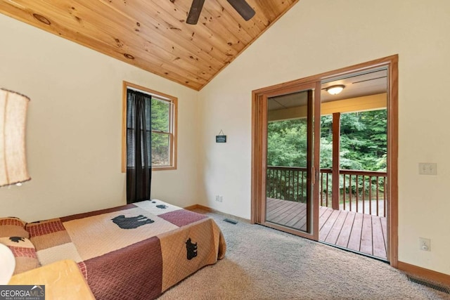 carpeted bedroom with access to exterior, ceiling fan, wooden ceiling, and multiple windows