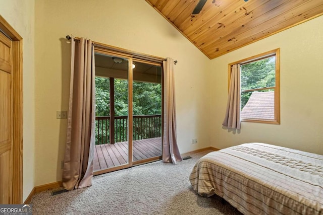 bedroom featuring wooden ceiling, vaulted ceiling, access to outside, and carpet