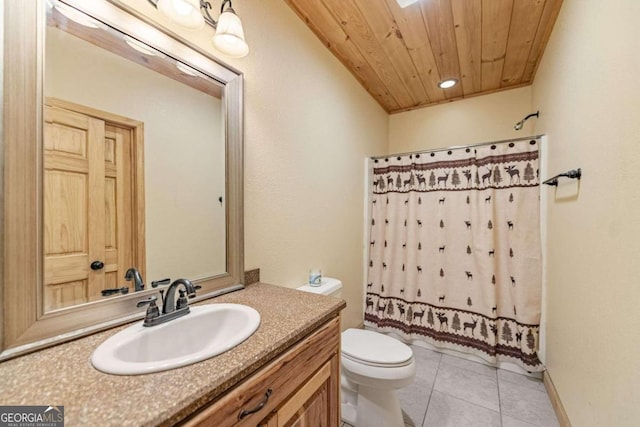 bathroom featuring tile patterned floors, curtained shower, vanity, toilet, and wooden ceiling