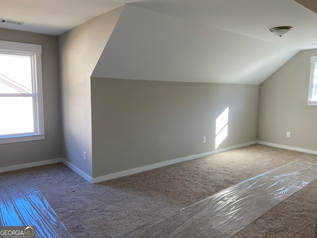 additional living space with carpet flooring and lofted ceiling