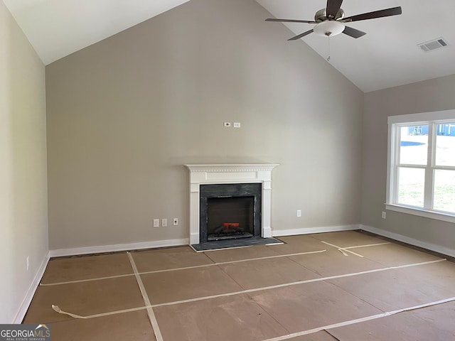 140 Westminster Ct, Winder, GA 30680 - unfurnished living room with high vaulted ceiling, ceiling fan, and a fireplace