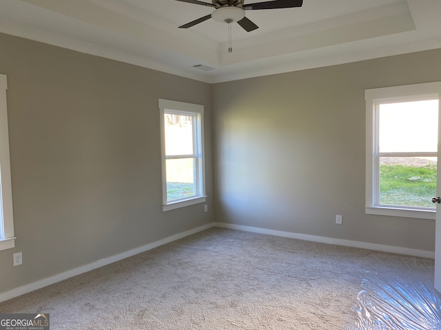 spare room with a raised ceiling, light carpet, crown molding, and ceiling fan