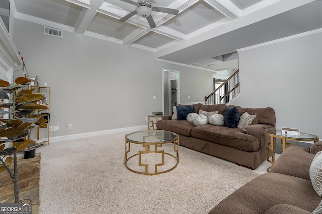 living area featuring stairs, coffered ceiling, beamed ceiling, baseboards, and visible vents