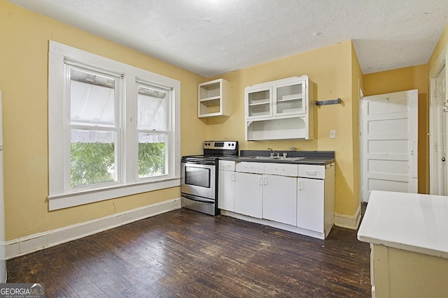 kitchen with baseboards, dark wood finished floors, a textured ceiling, stainless steel range with electric stovetop, and a sink