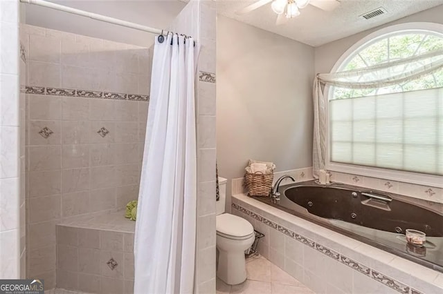 bathroom featuring ceiling fan, shower with separate bathtub, toilet, and tile patterned floors