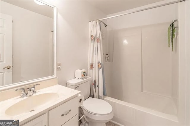 full bathroom with shower / bathtub combination with curtain, vanity, and toilet