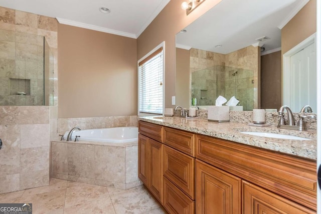 bathroom with tile patterned flooring, shower with separate bathtub, crown molding, and vanity