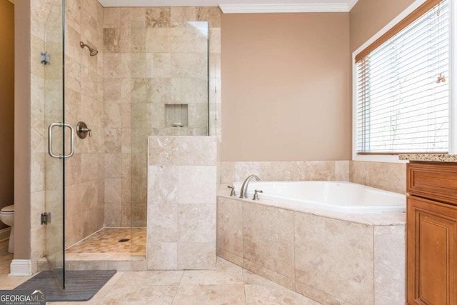 bathroom with plus walk in shower, tile patterned flooring, toilet, and ornamental molding