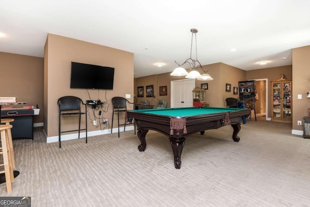 recreation room with billiards and light carpet