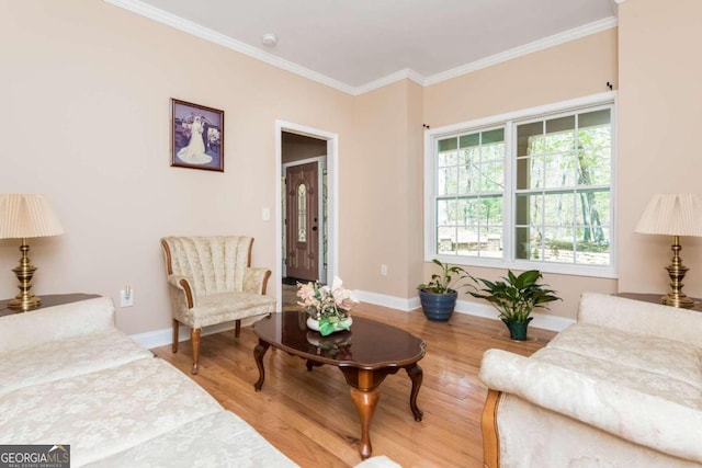 living room with ornamental molding and light hardwood / wood-style floors