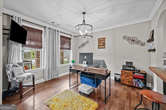 office featuring ornamental molding, dark hardwood / wood-style flooring, and an inviting chandelier