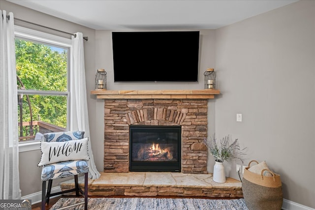 interior details featuring a fireplace and hardwood / wood-style floors