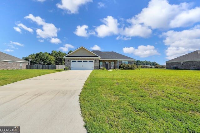 single story home featuring a front yard and a garage