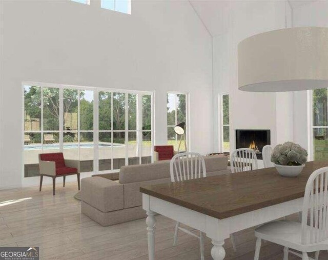 interior space with light wood-type flooring, a healthy amount of sunlight, and a high ceiling