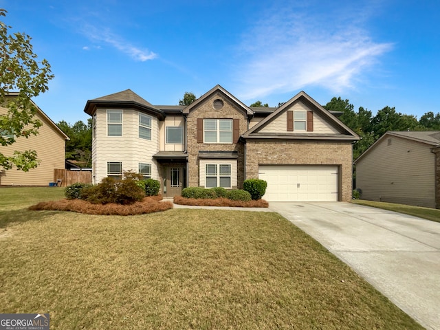 craftsman inspired home with a garage and a front lawn