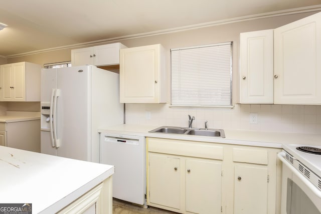 kitchen with white cabinetry, sink, crown molding, white appliances, and decorative backsplash