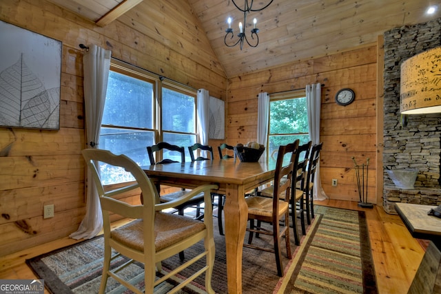 dining area featuring a healthy amount of sunlight, wood ceiling, and hardwood / wood-style flooring